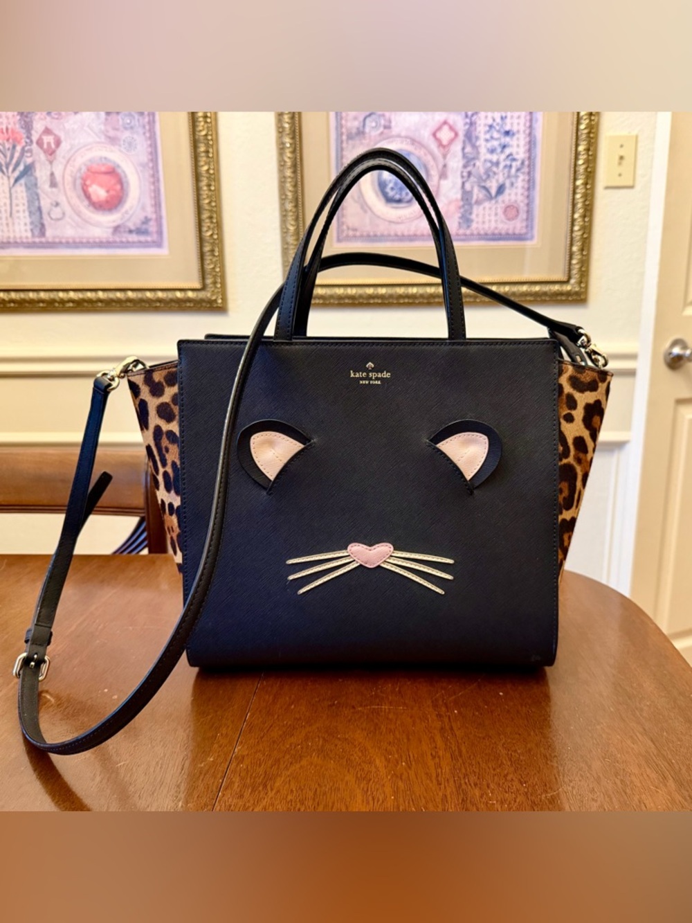 Kate Spade Leopard Hayden "Run Wild" Black Cat Leather Satchel Bag EUC